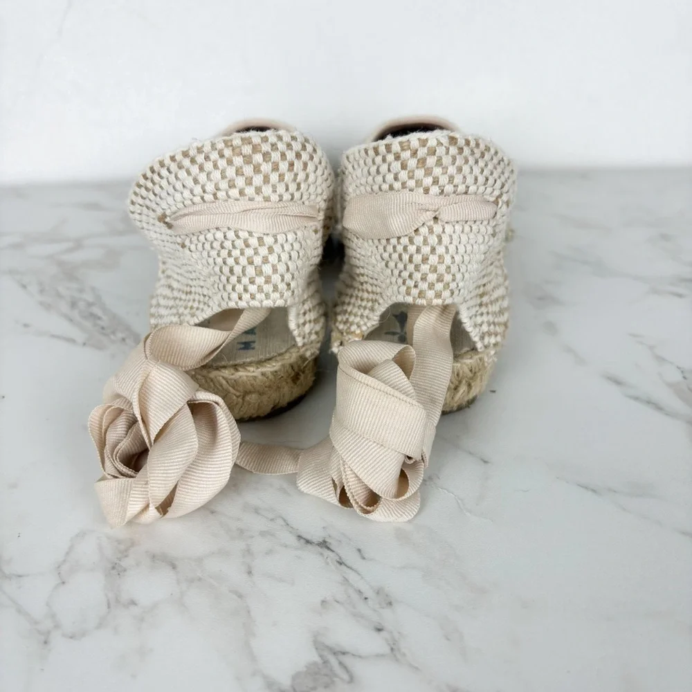 Espadrille Ankle-Tie Flats in Cream with Stripes